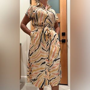 Caroll Paris white dress with blue orange and pink pattern